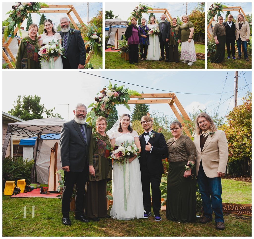 Family Portraits in Front of Ceremony Arch | Geometric Arch for Backyard Wedding, Wood Hexagon Arch, How to Add Flowers to an Arch for Your Wedding Day | Photographed by the Best Tacoma Wedding Photographer Amanda Howse
