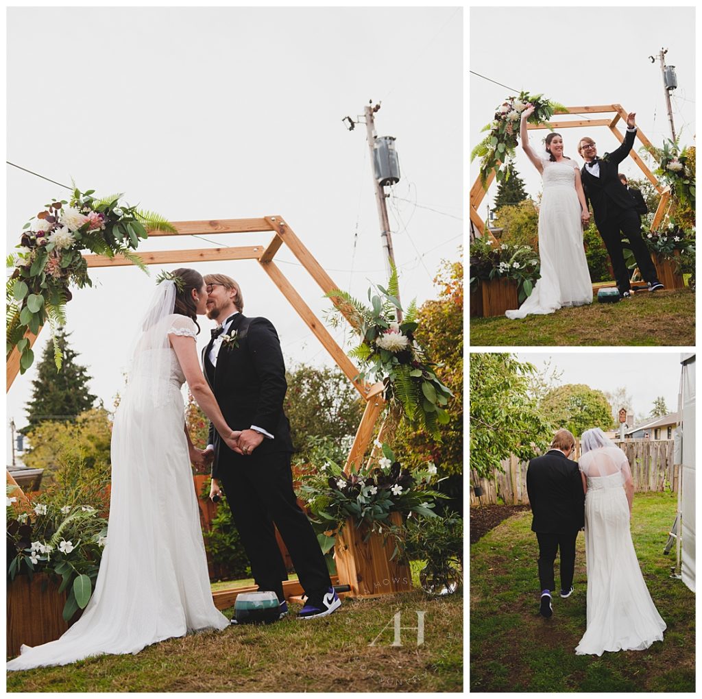 Bride and Groom Kiss after Exchanging Vows | Must-Have Wedding Day Portraits, Backyard Wedding, Intimate Wedding Ceremony | Photographed by the Best Tacoma Wedding Photographer Amanda Howse
