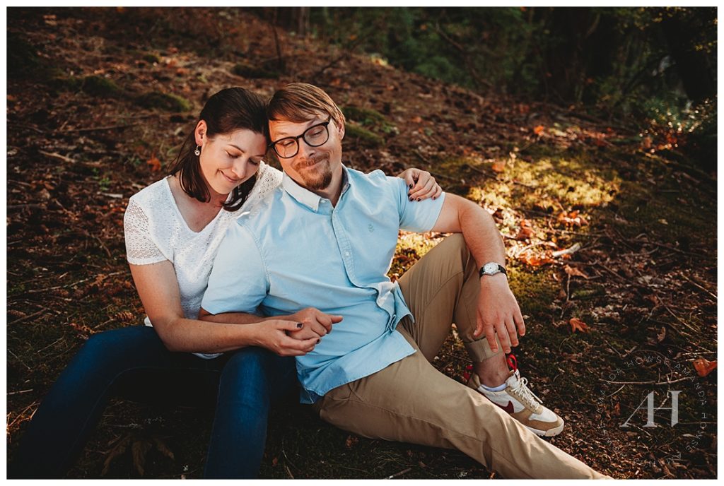 Cute Engagement Portraits on the Forest Floor | How to Pose for Outdoor Engagement Portraits, Point Defiance Engagement Session, Woodsy Engagement Portraits | Photographed by Tacoma Engagement Photographer Amanda Howse