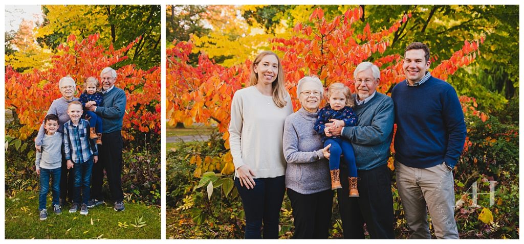 Family Portraits in Wright Park | How to Include Grandparents for Family Portraits, Outfit Ideas for Fall Family Portraits, Fall Colors, Fall Leaves, Navy Blue Outfits for Family Portraits | Photographed by the Best Tacoma Family Photographer Amanda Howse