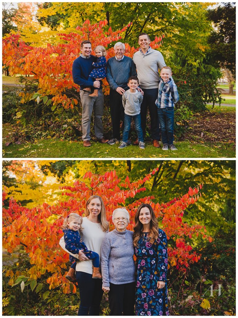 Posed Family Portraits in Front of Red, Orange, and Yellow Leaves | Tacoma Family Portraits | Photographed by the Best Tacoma Family Photographer Amanda Howse