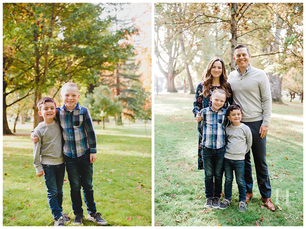 Family of Four Portraits | How to Style Outfits for a Family Portrait Session, Pose Ideas, Mom and Dad with Two Boys | Photographed by the Best Tacoma Family Photographer Amanda Howse