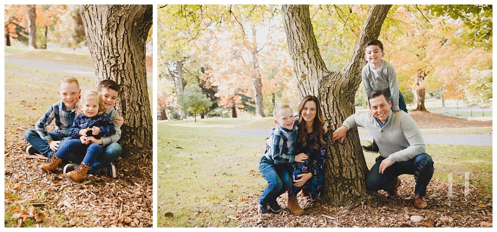 Family Portraits in Front of a Tree At Wright Park | Photographed by the Best Tacoma Family Photographer Amanda Howse