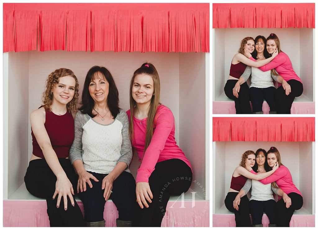 4x4 Studio Box Decorated with Pink Banner | Personalized Studio Sessions for Mother Daughter Portraits, Tacoma Family Portraits, Mother's Day Gift Ideas  | Photographed by Tacoma's Best Family Photographer Amanda Howse