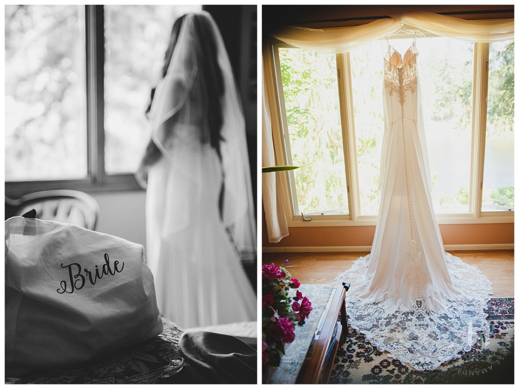 Bride Getting Ready in Her Parents' House | Sheer Lace Gown with Embroidery, Waterfall Veil, Bridal Portraits Before the Ceremony | Photographed by the Best Tacoma Wedding Photographer Amanda Howse