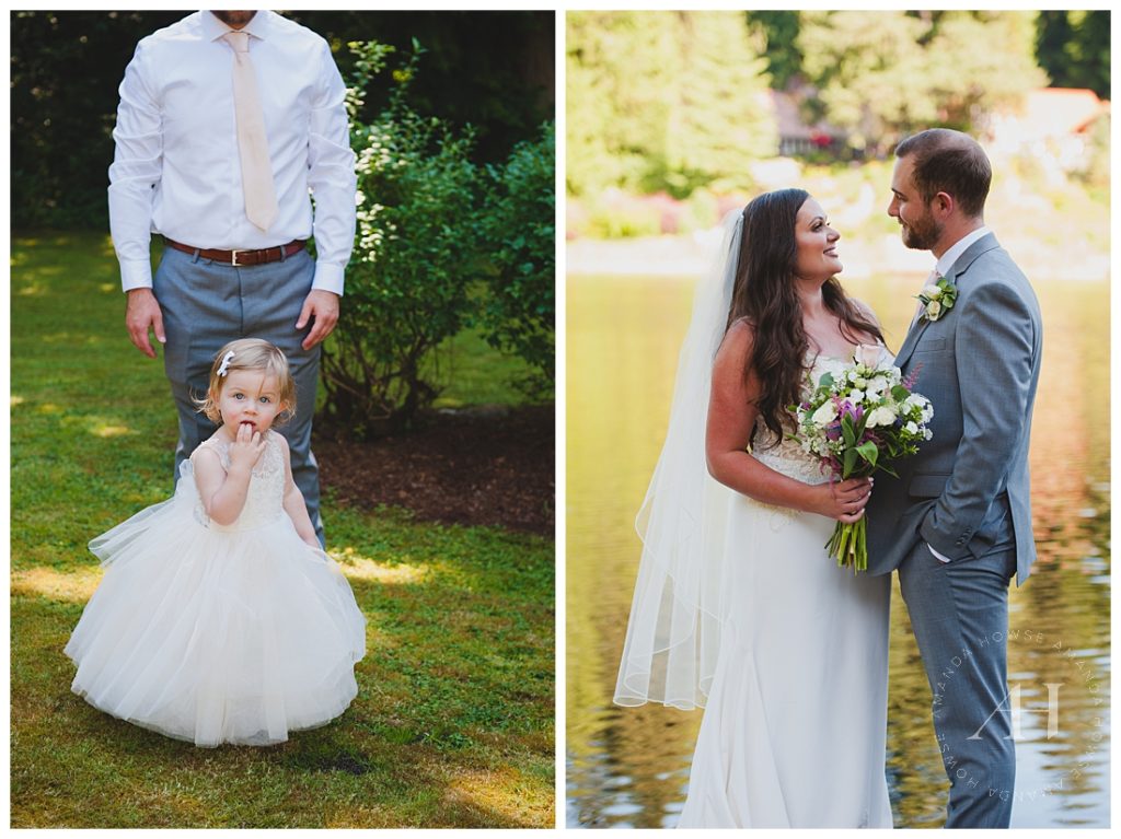 Bride and Groom with the Flower Girl | Cute Flower Girl Dresses, Grey Suit for Groom, Bridal Veil and Lace Dress, Fresh Flowers, Bridal Bouquet Inspiration | Photographed by Tacoma Wedding Photographer Amanda Howse