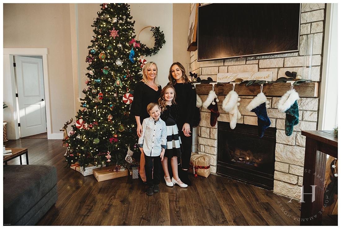 Cozy Family Portraits with a Christmas Tree and Stockings | What to Wear for Family Portraits | Photographed by the Best Tacoma Family Photographer Amanda Howse Photography