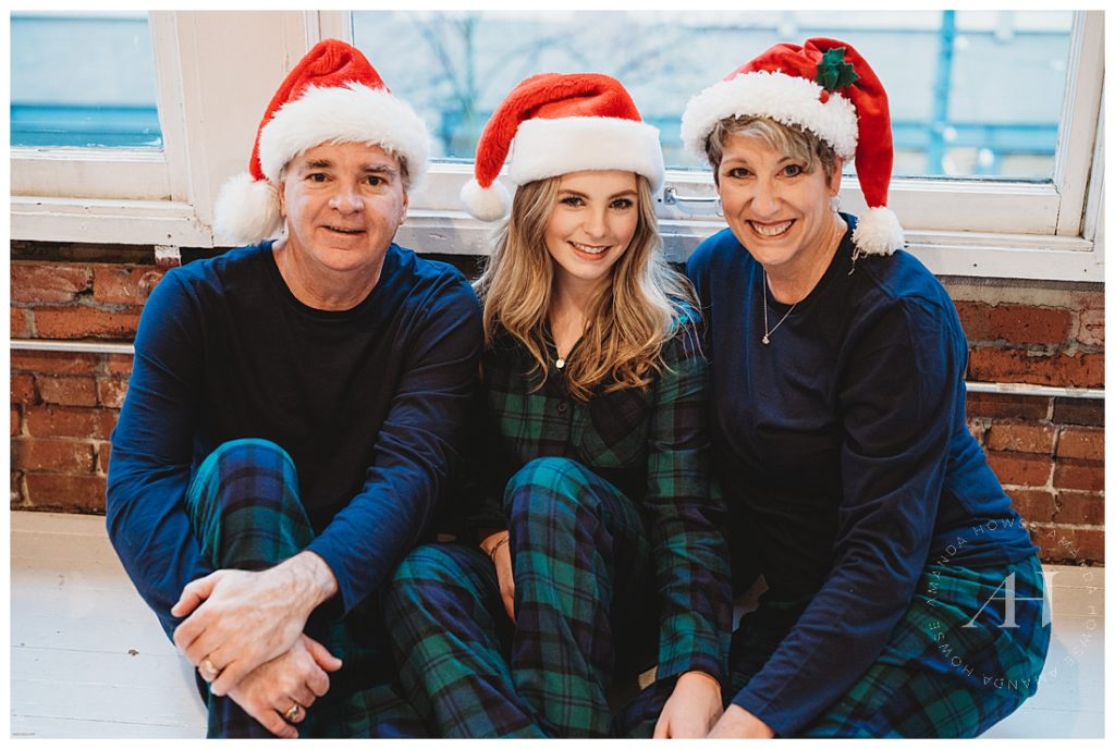 Family Portraits with Flannel Pajamas and Santa Hats | How to Style Winter Family Portraits | Photographed by the Best Tacoma Family Photographer Amanda Howse Photography