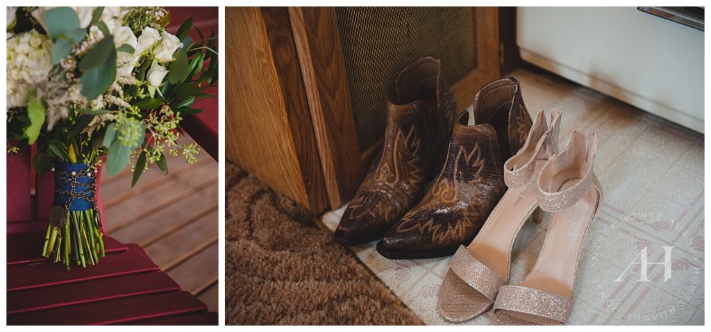 Bridal Shoes and Bouquet | Rustic Barn Wedding in Washington | Photographed by the Best Tacoma Wedding Photographer Amanda Howse Photography