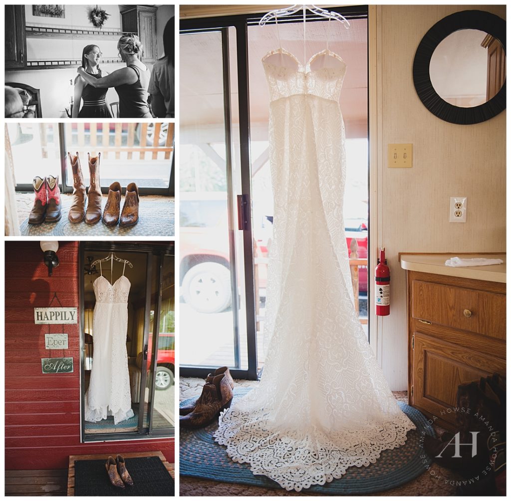 Wedding Portraits of Getting Ready | Lace Wedding Dress for Rustic Barn Wedding | Photographed by the Best Tacoma Wedding Photographer Amanda Howse Photography