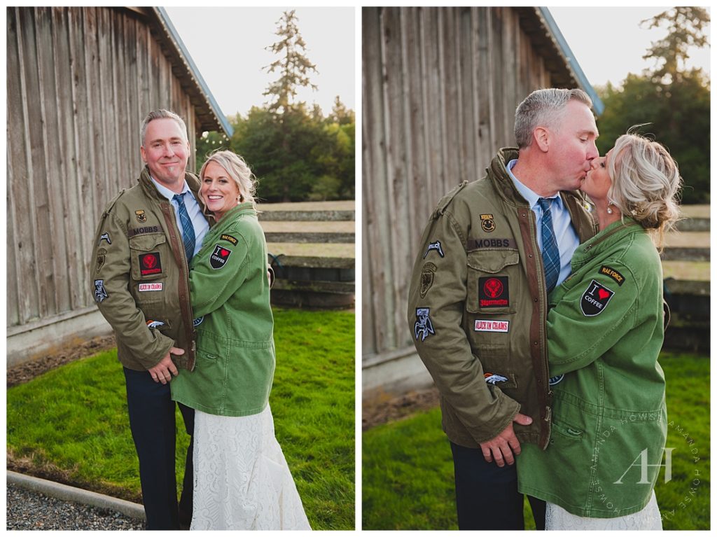 Bride and Groom Portraits with Matching Army Jackets | Photographed by the Best Tacoma Wedding Photographer Amanda Howse Photography