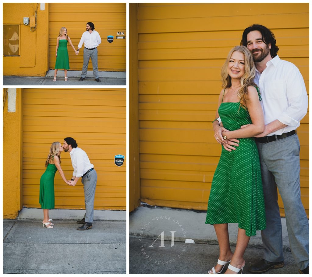 Modern City Locations For Engaged Couple | Posing for engagement pictures, Engagement photographs, Opera Alley Tacoma, Yellow backdrop in City | Photographed by the Best Tacoma Engagement Photographer Amanda Howse Photography