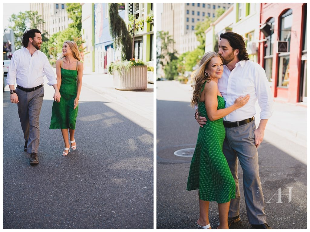 Loving Couple Waling Down City Street Holding Hands | Gorgeous polka dot dress for summertime, Cute pose ideas for summer engagement photographs, Head kissing during engagement photos | Photographed by the Best Tacoma Engagement Photographer Amanda Howse Photography
