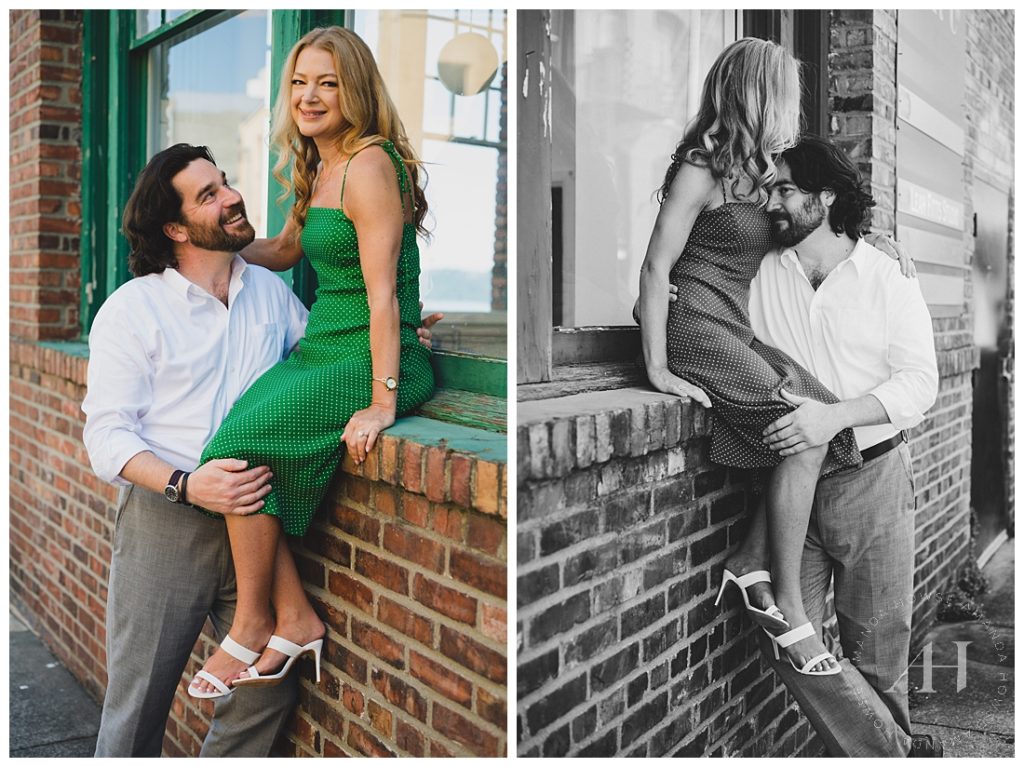 Romantic Photo of Woman on Window Ledge | Black and White photo, Brick background Engagement Locations, Sitting poses for couple portraits | Photographed by the Best Tacoma Engagement Photographer Amanda Howse Photography