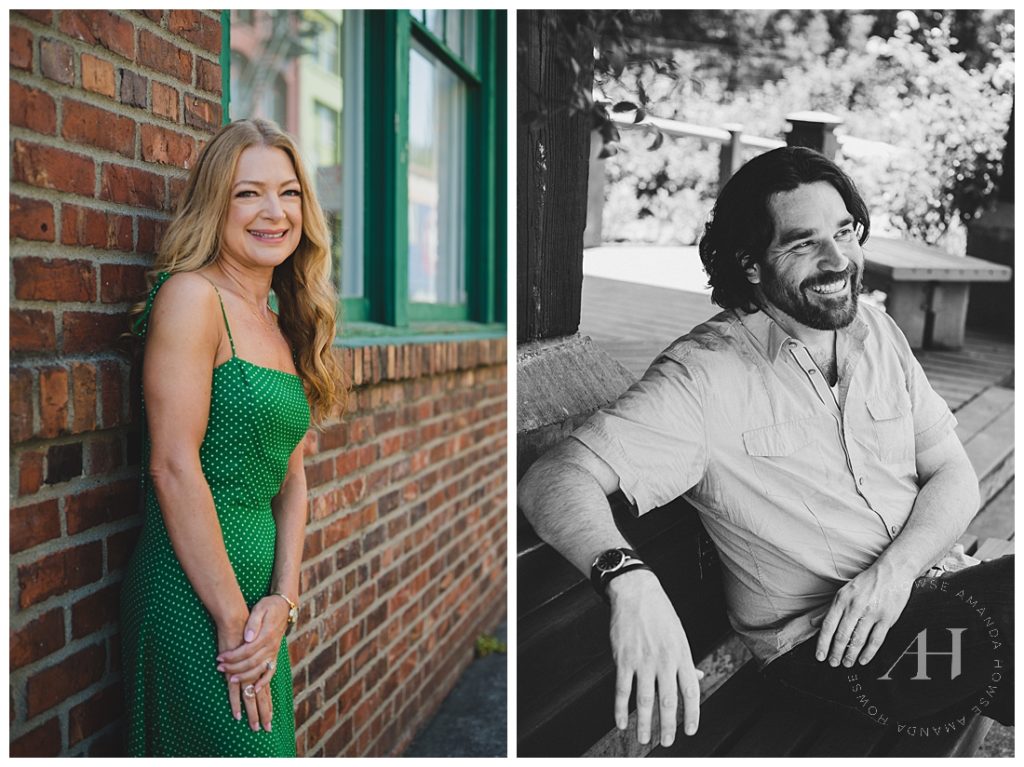 Woman in Green Polka Dots Leaning on Brick Wall | Separate couples photographs, Black and white next to color, Posing without your partner in engagement photoshoot | Photographed by the Best Tacoma Engagement Photographer Amanda Howse Photography