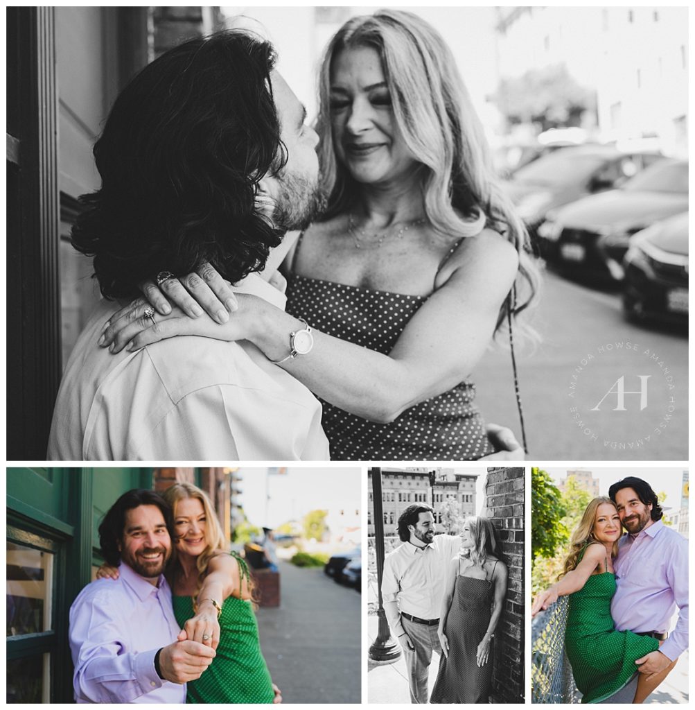 Modern Couple Cuddling for City Engagement Portraits | Fun Ideas for engaged couples, Tasteful touching when being photographed, Green dress ideas, Black and white photoshoots | Photographed by the Best Tacoma Engagement Photographer Amanda Howse Photography