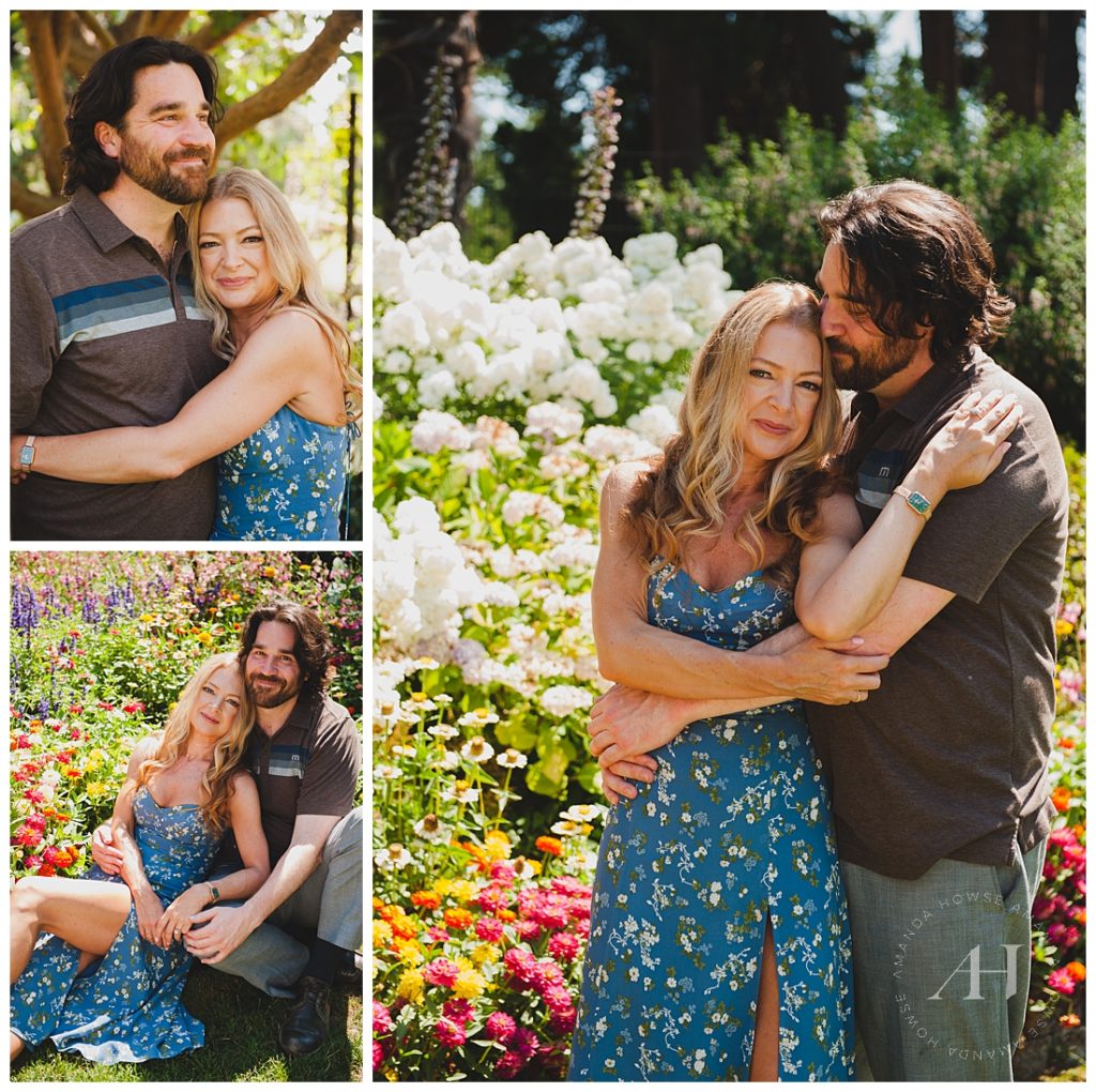 Loving Couple Embracing in Summer Engagement Session | Idyllic flower backgrounds for Tacoma engagement photographs, Blue summer dress, How to pose for Engagement photoshoots | Photographed by the Best Tacoma Engagement Photographer Amanda Howse Photography