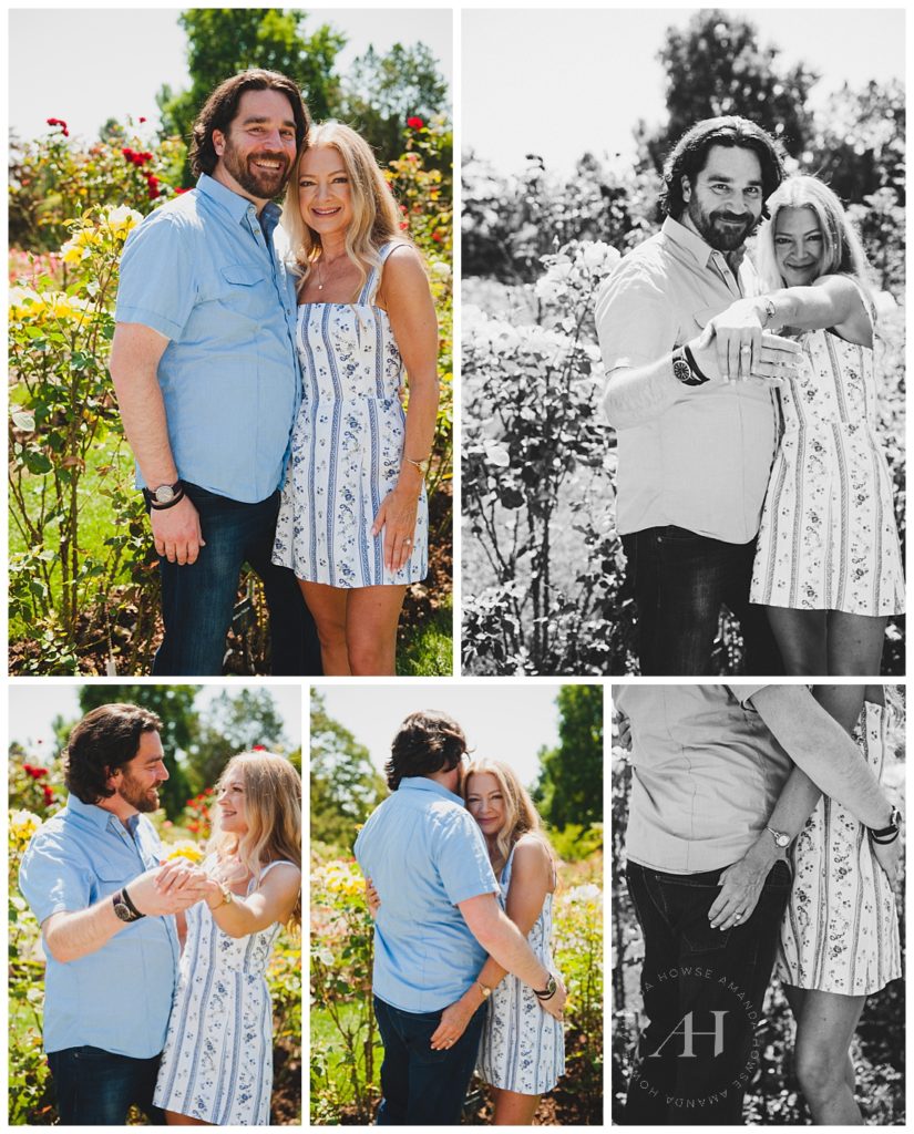Engaged Happy Couple with Green and Floral Background | Sweet poses for engagement photographs, Summertime Engagement portrait inspiration, Blue color scheme outfit ideas | Photographed by the Best Tacoma Engagement Photographer Amanda Howse Photography