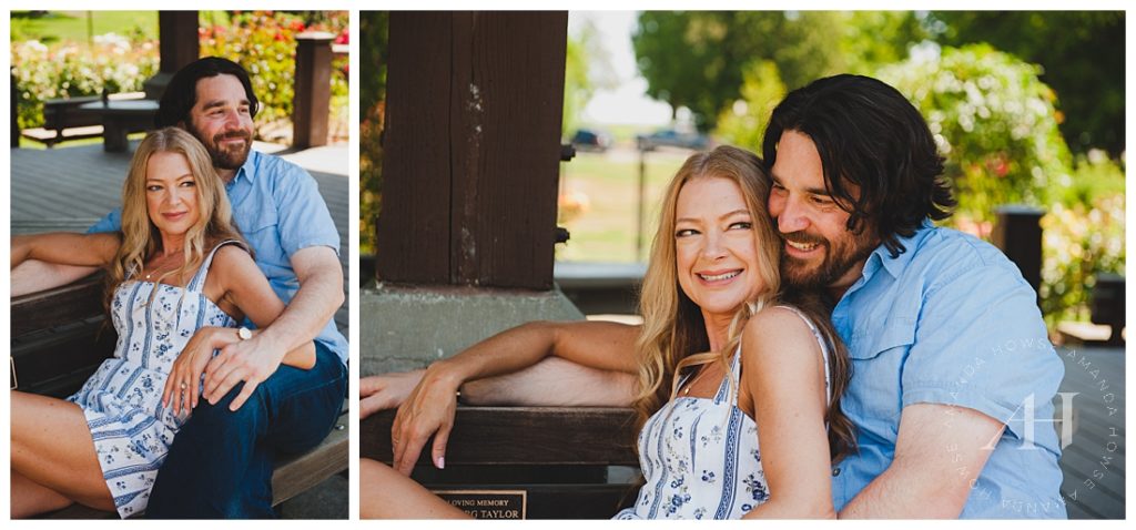 Couple Seated Under Park Gazebo | Smiling in engagement photographs, Best engagement photographs poses for parks, Outfit ideas for engaged couples | Photographed by the Best Tacoma Engagement Photographer Amanda Howse Photography