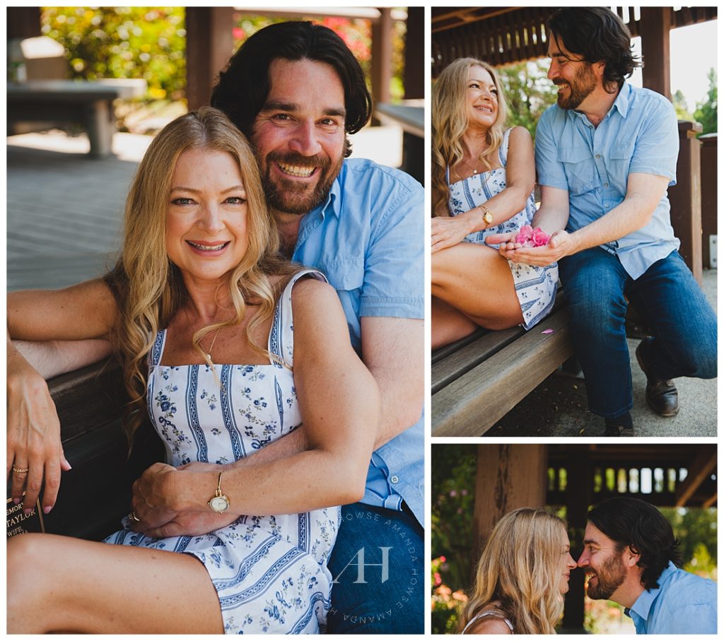 Engagement Photoshoot Under a Park Gazebo | Posing with engagement ring and flowers, Cute couple inspiration for engagement portraits, Fun places to have your engagement photos taken in Tacoma, Point Defiance gazebo pictures | Photographed by the Best Tacoma Engagement Photographer Amanda Howse Photography