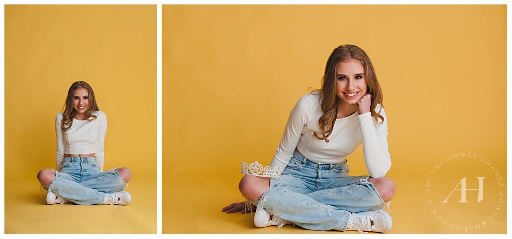 Happy Studio Portraits for High School Seniors | Gen Z Inspired Outfits, Pageant Tiara | Photographed by the Best Tacoma Photographer Amanda Howse Photography