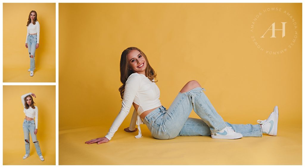 Ripped Jeans and White Crop Top | January Photoshoot in Tacoma Studio, Bright Colored Backgrounds | Photographed by the Best Tacoma Photographer Amanda Howse Photography