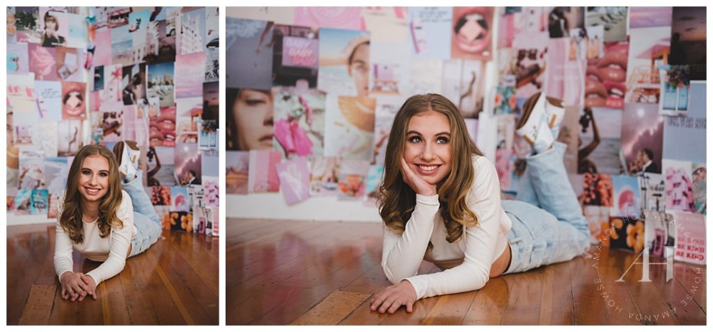 Bright Studio Session with Cute Collaged Background Wall | Pink Wall, Fun Photoshoot Ideas for Teen Girls, Studio 253 | Photographed by the Best Tacoma Photographer Amanda Howse Photography