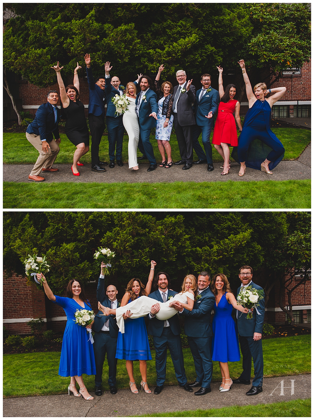 Fun Fall Group Wedding Shots with Bride and Groom | Casual and Carefree Wedding Party Photograph Ideas | Photographed by the Best Tacoma Wedding Photographer Amanda Howse Photography
