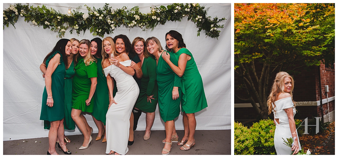 Friends of the Bride Reception Photoshoot | Matching Green Dresses, Cute Ideas for Close Wedding Groups, Gorgeous Flower Vines | Photographed by the Best Tacoma Wedding Photographer Amanda Howse Photography