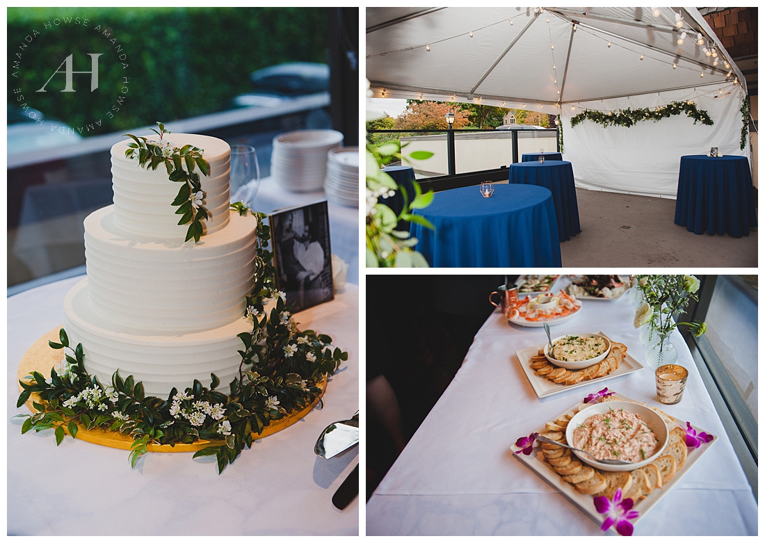PNW Wedding Reception | White Cake with Green Flowers, Seafood Appetizers for Wedding Reception, Ideas for Intimate Weddings | Photographed by the Best Tacoma Wedding Photographer Amanda Howse Photography