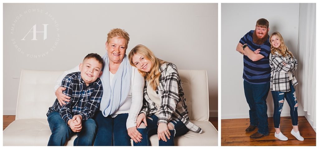 Cute Moments with Dad and Grandma with Kids | Family-Focused Studio Portraits with White Couch | Photographed by the Best Tacoma, Washington Family Photographer Amanda Howse Photography