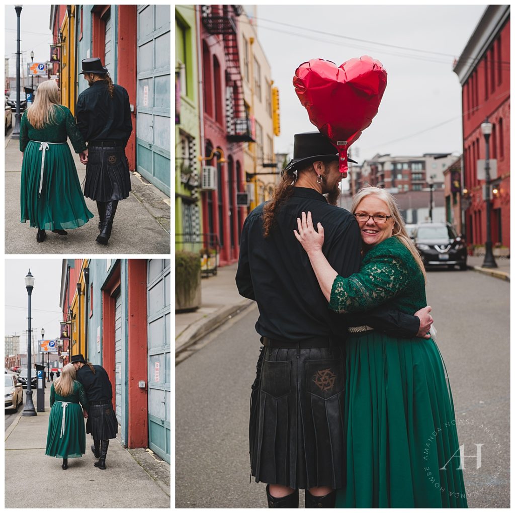 February Wedding Portraits with Red Heart Balloon | Opera Alley, Colorful Wedding Photographs | Photographed by the Best Tacoma Wedding Photographer Amanda Howse Photography