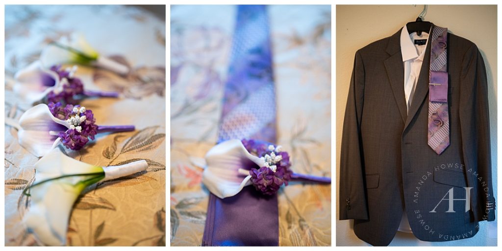 Boutonnieres and Grooms Blazer | Purple Wedding Accents for Groomsmen | Photographed by the Best Tacoma Wedding Photographer Amanda Howse Photography