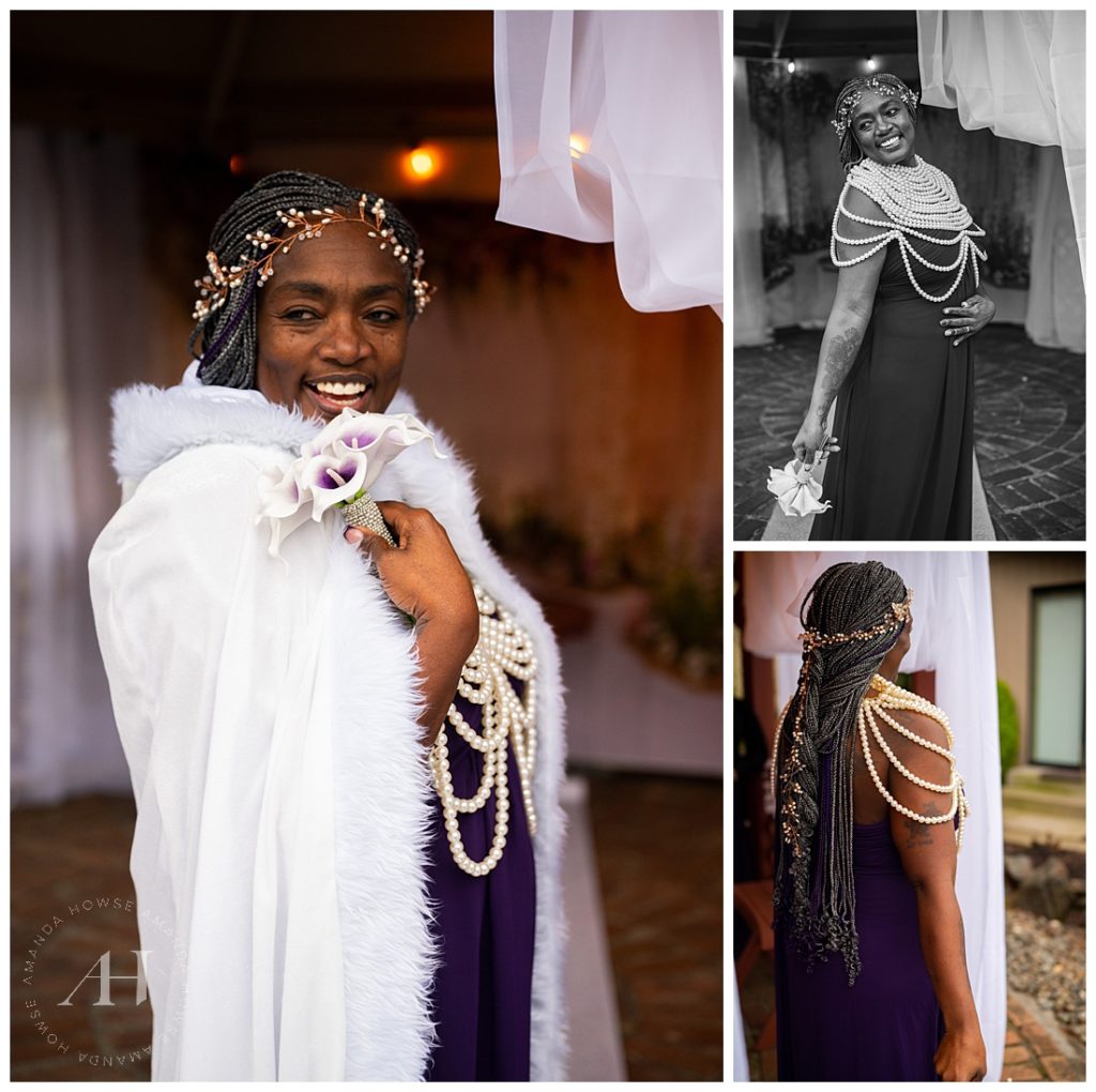Regal Winter Bride in White Cape and Pearl Necklaces | Photographed by the Best Tacoma Wedding Photographer Amanda Howse Photography