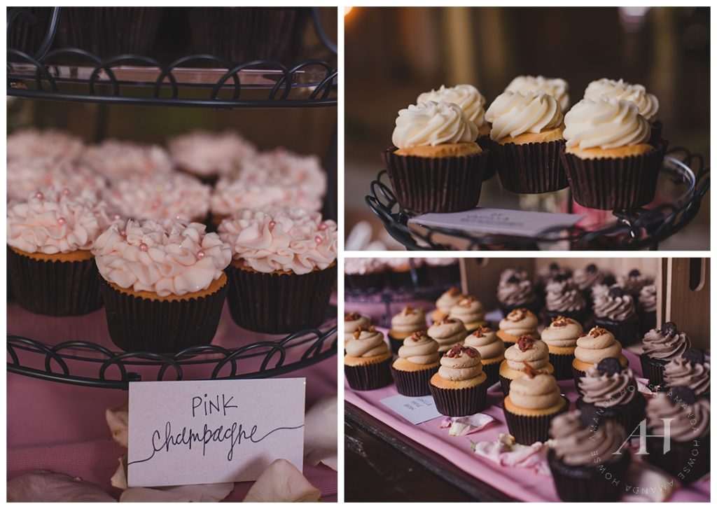 Pink Champagne Cupcakes | PNW Wedding Desserts | Photographed by the Best Tacoma Wedding Photographer Amanda Howse Photography
