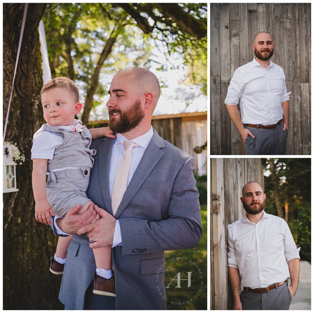 Adorable Dad and Son Portrait on Wedding Day | Portrait Ideas with Young Children | Photographed by the Best Tacoma Wedding Photographer Amanda Howse Photography
