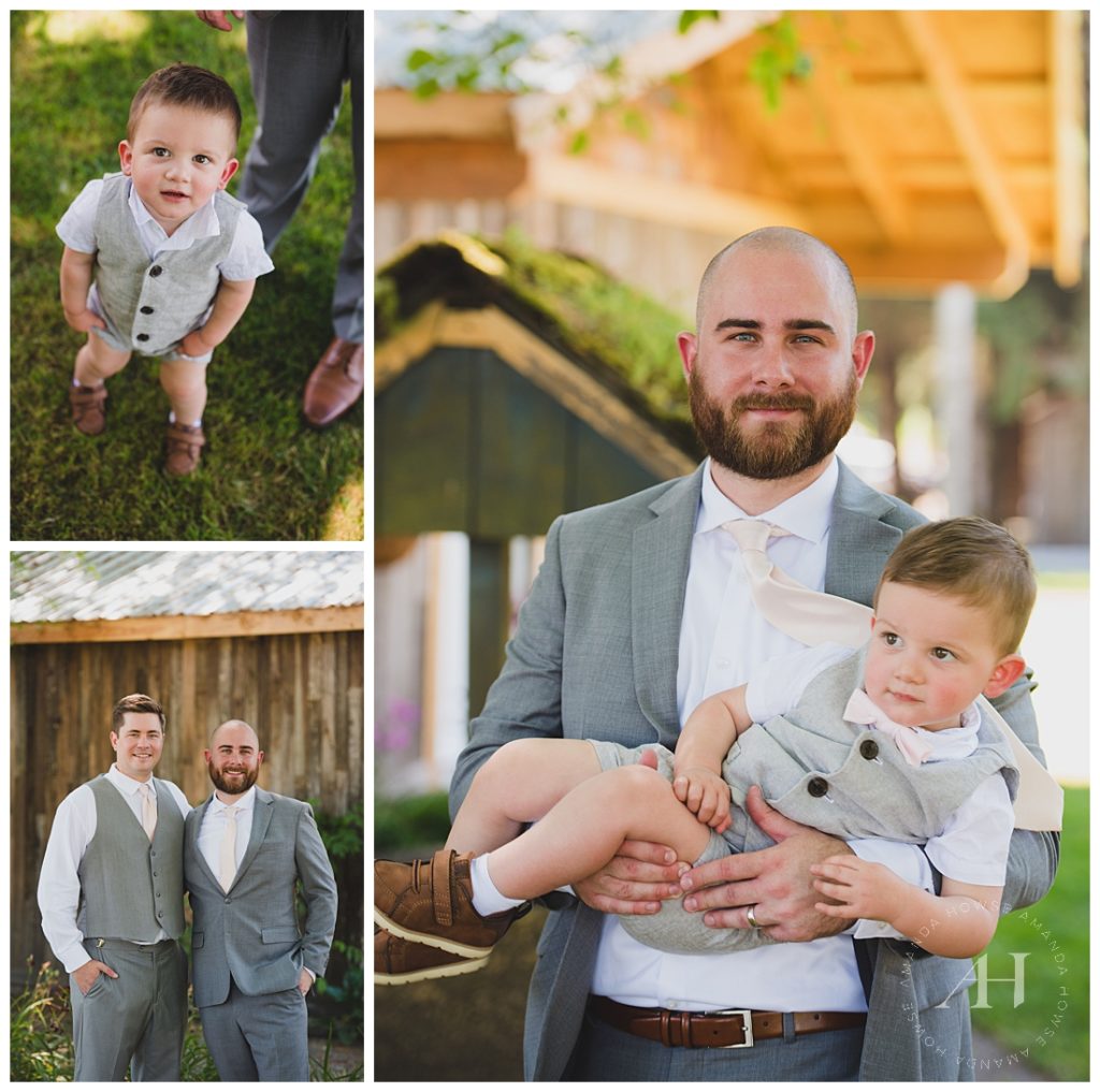 Groom and Ring Barer Portraits | Summer Ring Barer Outfit Idea For Little Boys | Photographed by the Best Tacoma Wedding Photographer Amanda Howse Photography