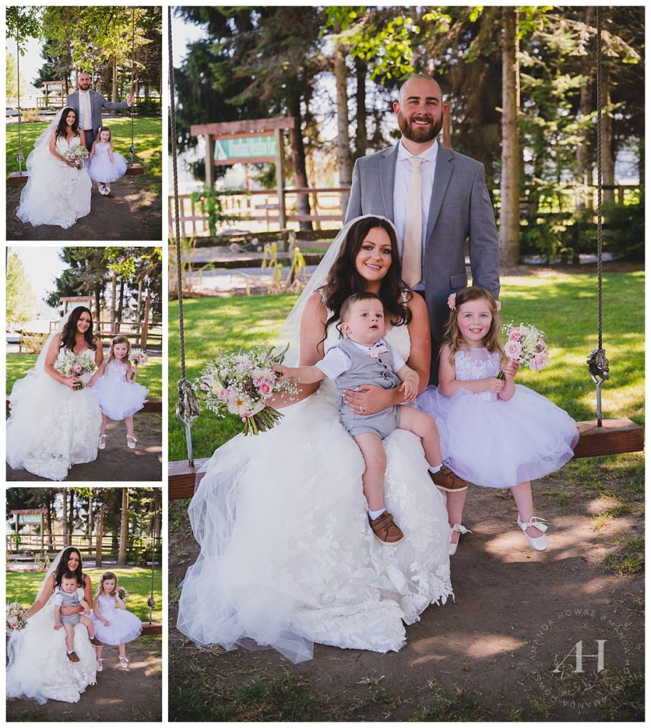 Bride and Groom with Their Kids | Cute Family Portraits with Young Kids on Wedding Day | Photographed by the Best Tacoma Wedding Photographer Amanda Howse Photography