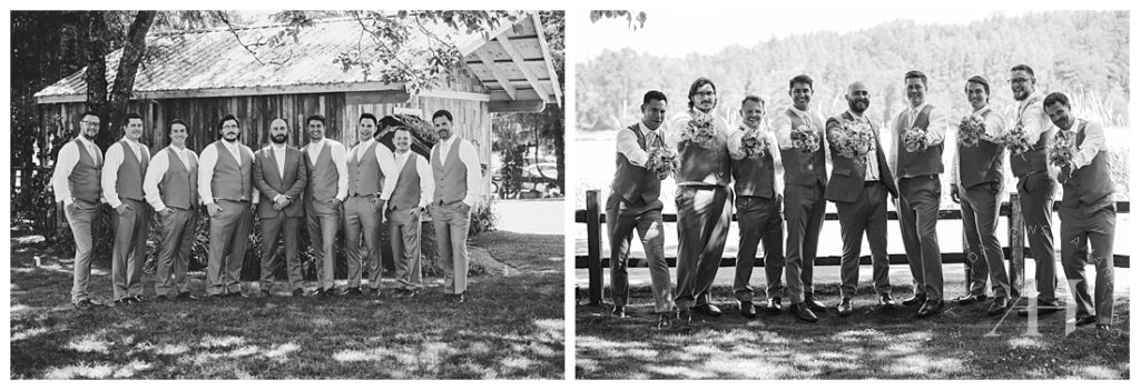 Fun Groomsmen Portraits at the Farm | Groomsmen with Bridesmaid Bouquets Photographed by the Best Tacoma Wedding Photographer Amanda Howse Photography