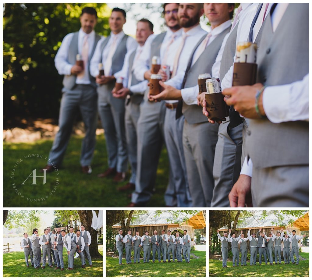 Beer Koozies with the Groomsmen | Fun Wedding Portraits For Guys | Photographed by the Best Tacoma Wedding Photographer Amanda Howse Photography