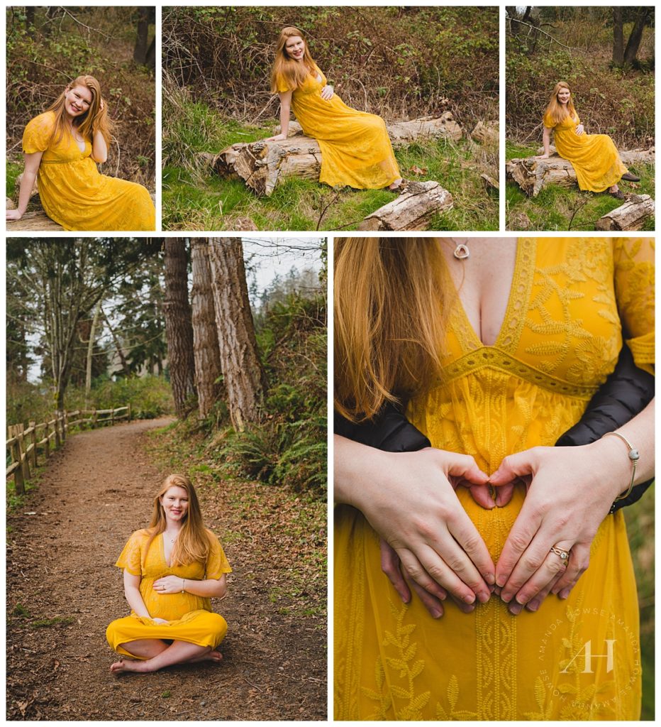 Cute Fall and Winter Outfit Ideas For Maternity Photos | Yellow Lace Dress | Photographed by the Best Tacoma, Washington Maternity Photographer Amanda Howse Photography