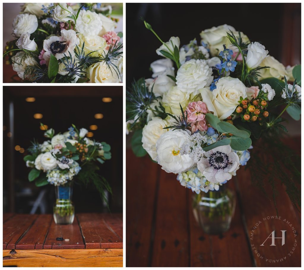 Wild Wedding Bouquet with White Roses and Anemones | PNW Bridal Bouquets | Photographed by the Best Tacoma Wedding Photographer Amanda Howse Photography