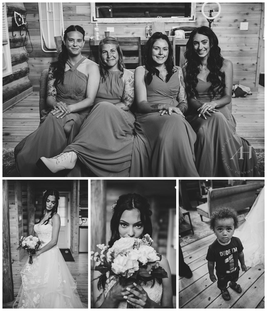 B&W Bridal Party Portraits on Dressing Room Couch | Photographed by the Best Tacoma Wedding Photographer Amanda Howse Photography