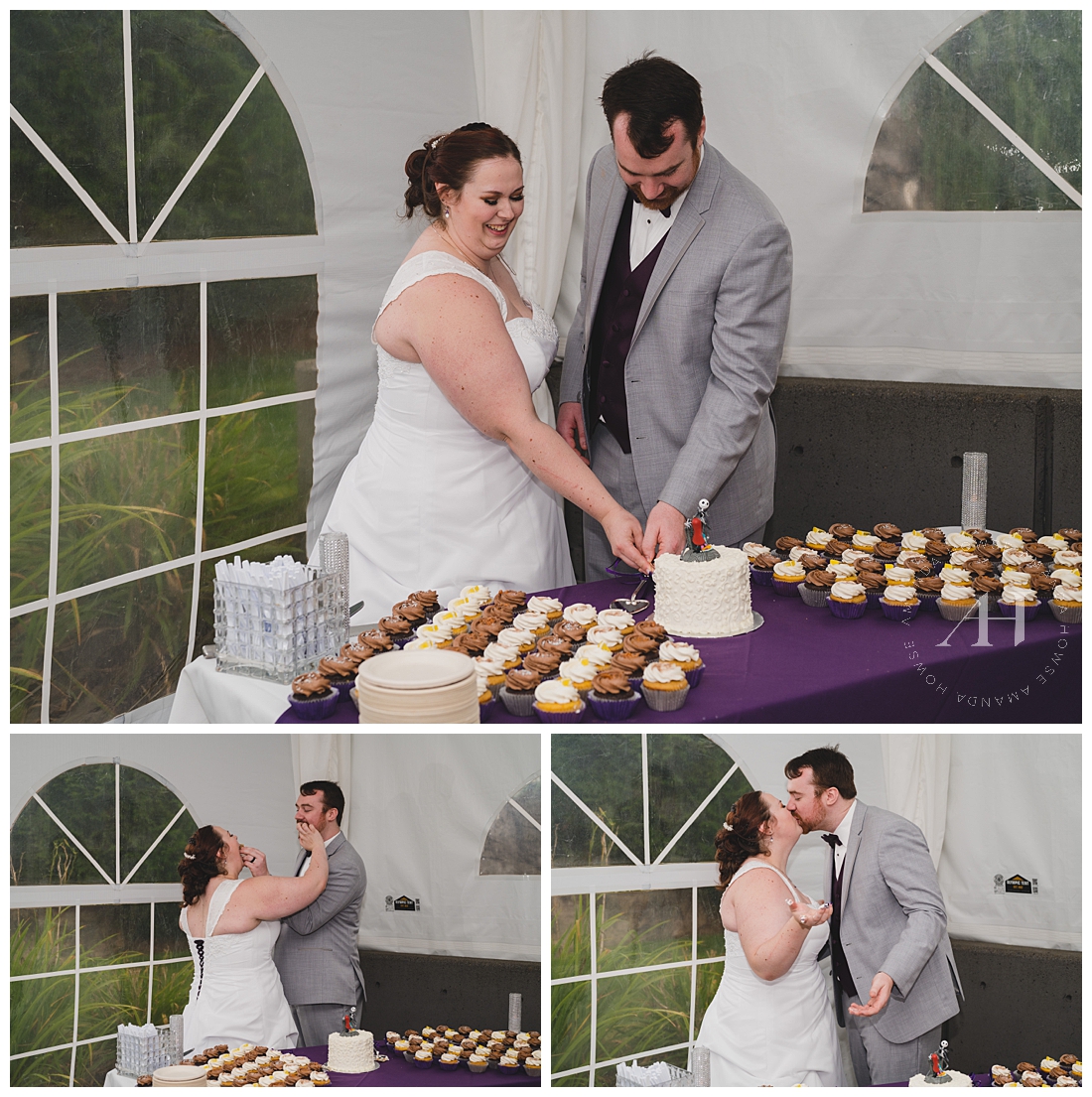 Bride and Groom Cake Cutting Photos | Jack and Sally Skellington | Photographed by the Best Tacoma Wedding Photographer Amanda Howse Photography
