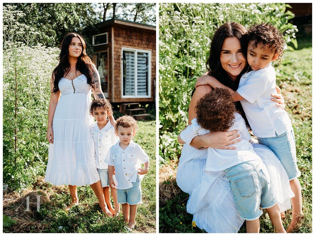 White and Blue Family Photo Outfit Ideas For Mommy and Sons | Photographed by the Best Tacoma, Washington Family Photographer Amanda Howse Photography