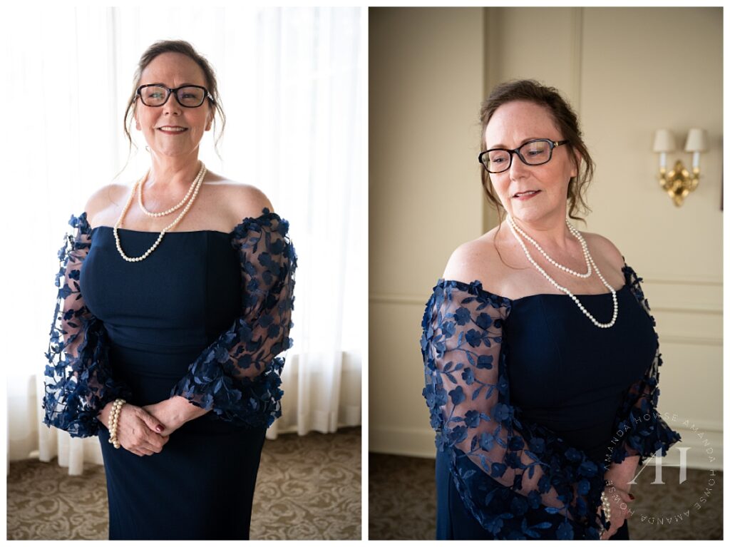 Bride in Gorgeous Navy Blue Off-the-Shoulder Gown and Pearls | Photographed by the Best Tacoma Wedding Photographer Amanda Howse Photography